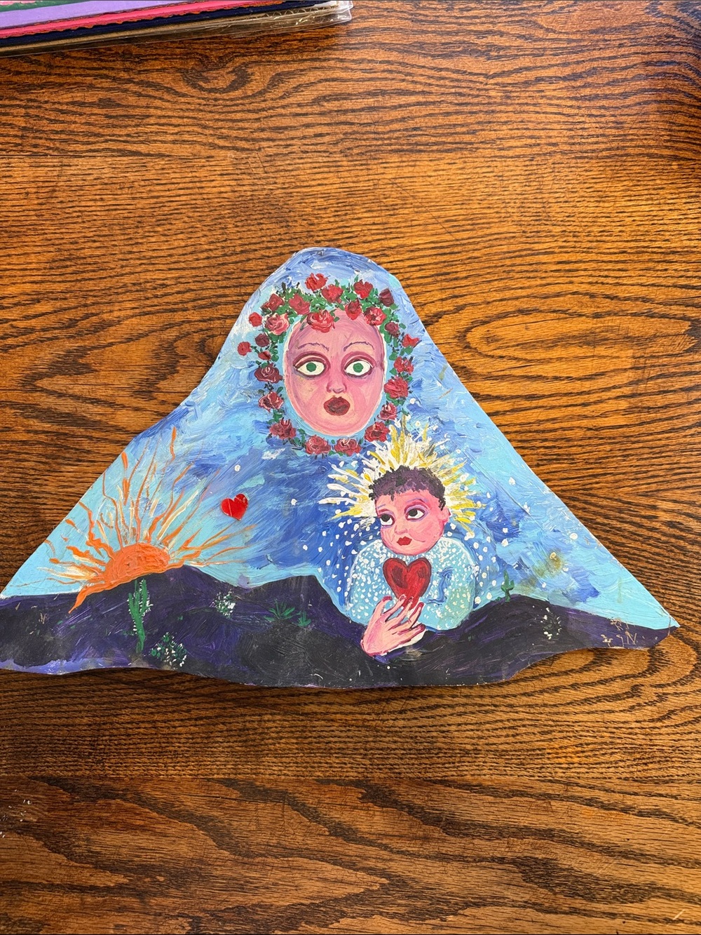 Hand-Painted Blue Folk Art Wall Hanging with Red Heart Motif
